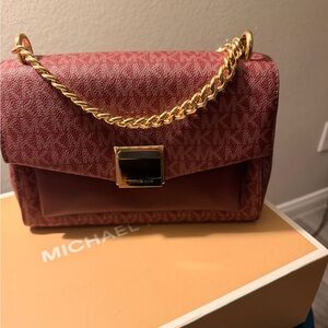 Michael Kors Wine Logo Chain Shoulder Bag with Gold Hardware
